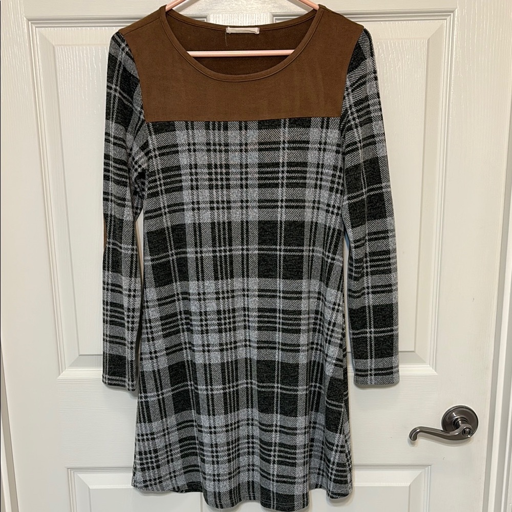 Gray plaid with faux-suede detail dress